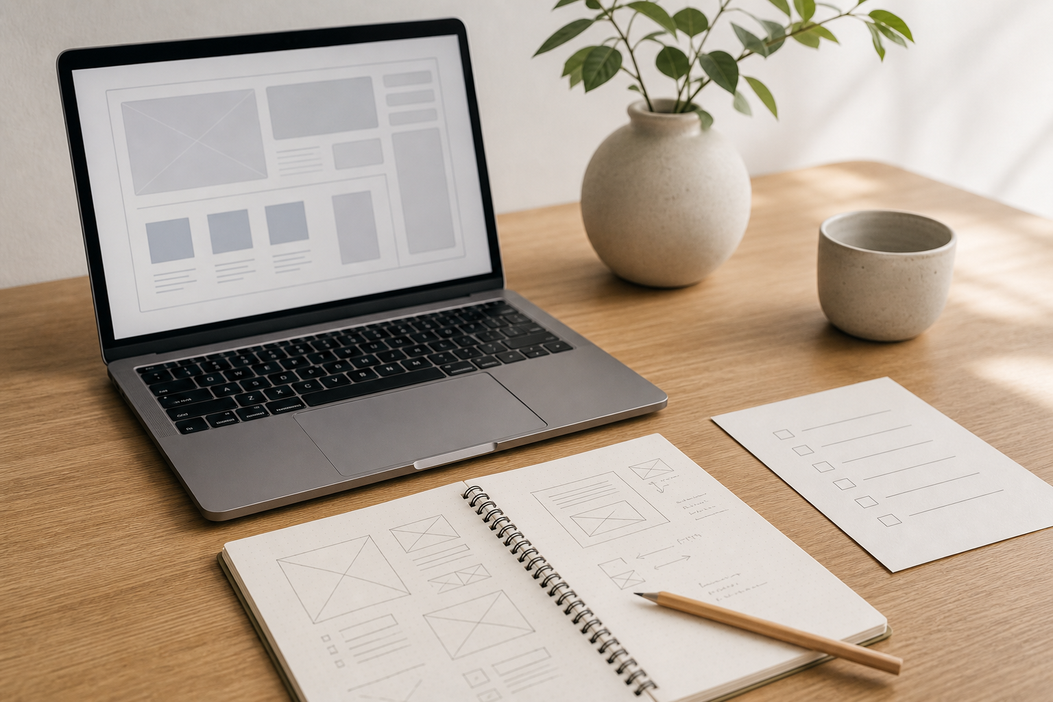 Desk with planning notes and a screen showing simple layout blocks